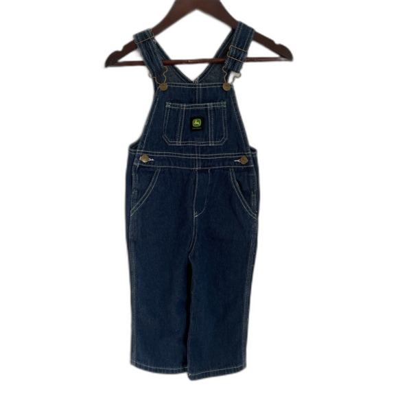 JOHN DEERE Kid’s Contrast Stitch Denim Bib Logo Overalls, 100% Cotton- Size 2T - Picture 1 of 8
